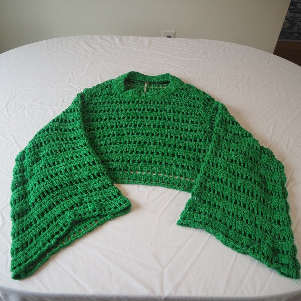 Free People Caught Up Crochet Top Size Small Bell Sleeve Open Knit Sweater Green
